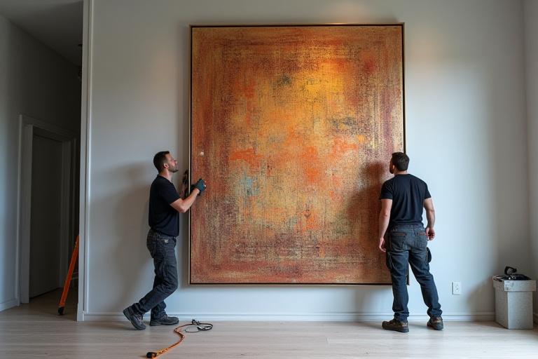 Professional installing a large art piece on a wall with precision