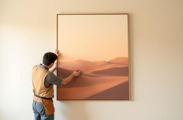 Professional installing a large art piece on a wall with precision